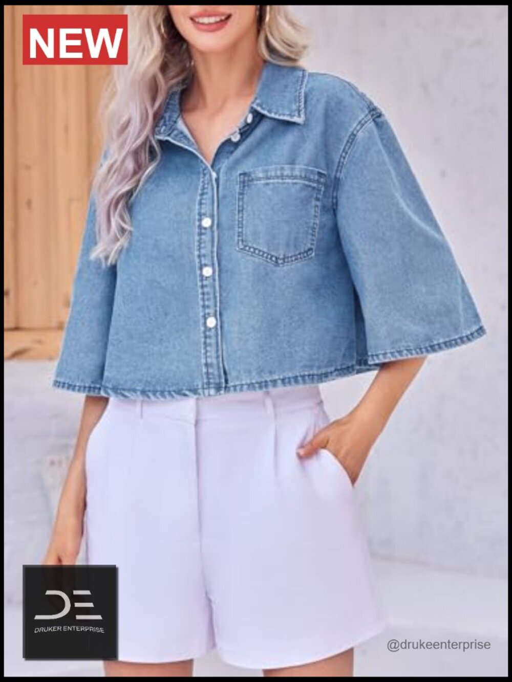 Crop Denim Jacket Half Sleeve Button Down Short Jean Jacket with Pocket - Picture 3 of 7